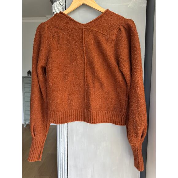 Free People Long Sleeve Sweater Burnt Butter V-neck Popcorn Puff Sleeve Sz XS - Picture 3 of 9